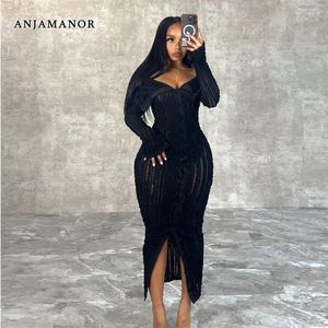 Casual Dresses Anjamanor frilly mesh Sheer Long For Women Elegant Sexy Button Up Off Shoulder Sleeve Bodycon Dress D48-DF38