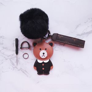 Luxury Bear Keychain Cute Women Girls Designer Key Chains Pu Leather Pompom Car Keyring Pendant