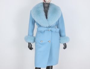 Bluenessfair Cashmere Wool Blends Real Pur Coat Double Wastes Jacket Women Women Big Natural Fox Fur Collar Outerwear 2011024394144