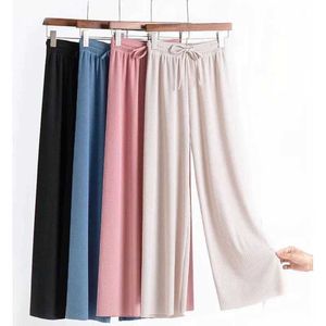 Calça feminina capris primavera/verão nova lâmpada de seda de gelo feminino calça de perna larga meninas meninas sólidas altas cintura solteira lida straight calntsl2405