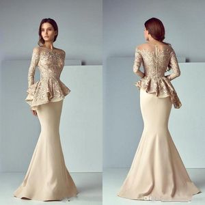 Champagne 2018 Mermaid Mother of Bride Dresses Lace Applique Ruffles Mother Of the Bride Dresses Long Sleeves Formal Evening Gowns 256d