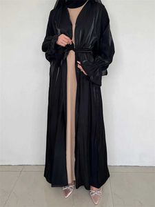 Ethnische Kleidung Ramadan Schwarzer Satin Muslim Kimono Abaya Türkei Islam Bescheidener Hijab -Kleid Jalabiya für Frauen Ka Robe Femme Musulmane Kaftan T240510