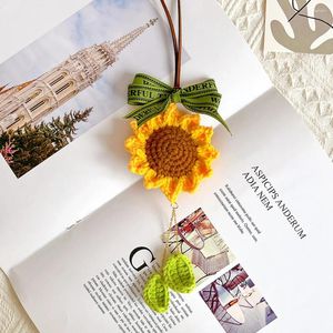 Decorative Flowers Artificial Handmade Crochet Sunflower Car Mirror Hanging Accessories For Interior Rear View Flower Charm Decoration