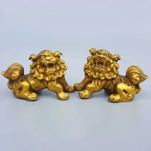 Dekorativa figurer Lucky Chinese Fengshui Pure Brass Guardian Foo Fu Dog Lion Staty Par Metal Crafts Decor