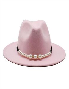 Fedora Solid Elegant Pearl Belt Buckle Classic Winter Women Hats Pink Fascinator Wedding Formal Felt Hat Womens2451144