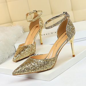 Kadın Sandalet 7.5cm 9.5cm Süper Yüksek Topuklu Mavi Altın Pompalar Seksi Sequins Bling Lady Scarpins Lüks Stiletto Sparkly Parti Ayakkabıları