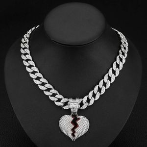 cuban chain personalized ins style alloy full diamond broken heart painting oil pendant necklace fashion versatile love necklace jewelry holiday gifts for women