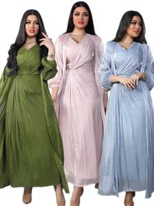 エスニック服eid 2024ドバイ贅沢な光沢のあるサテンオープン着物アバヤ2ピース