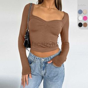 女性のTシャツセクシーなティー秋/冬ショートY2KトップレディースセクシーなスパイシーガールオープンネイベルスクエアネックTシャツソリッドカラースリムフィット長袖ニットシャツトップ