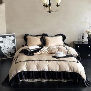 Bedding Sets Champagne Vintage French Style Romantic Black Ruffles 1000TC Egyptian Cotton Set Duvet Cover Bed Sheet Pillowcases 4Pcs