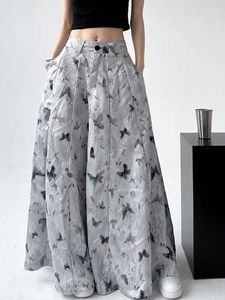 Skirts Chinese Style Silver Gray Mid Length Skirt Summer Fashion Butterfly Printed High Waist Loose Casual Long For Women