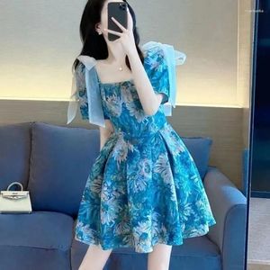 Partykleider Frauen Sommer Druck Blaues Band Bow Mini Kleid Japan Koreanische Dame süße Blumenkragen Kurzarm 2024 Kleidung