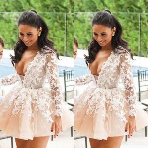 Cheap V Neck Short Mini Homecoming Dresses 2019 Long Sleeve Lace Applique Short Prom Dress Formal Party Evening Gowns 259A