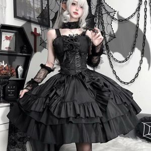 Casual Dresses Coalfell Vintage Black Gothic Lolita Dress Women Tank Tops Tiered Cake Kjol Bow Princess Halloween Party