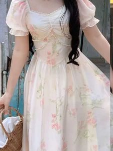 Basic Casual Dresses Korean retro floral print dress womens casual square neck Midi dress womens puff sleeves elegant fairy holiday dress VestidoL2405