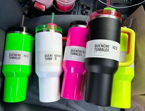 US stock Warm Serene Neon white Green Pink Quencher H2.0 40oz Stainless Steel Tumblers Cups with Silicone handle Lid And Straw Car mugs Keep Drinking Cold Water Bottles