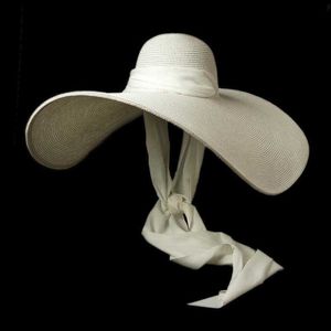 Sommar 25 cm Big Brim Straw Hat White Strappy Ribbon Sun Outdoor Beach Cap Travel Sunscreen Stor Partihandel breda hattar