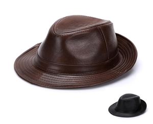 Fashion Men 100 Genuine Leather Fedora Trilby Hat Gentleman Jazz Cap Gangster Casual Hats9151059