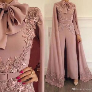 Nude Pink Muslim Jumpsuit with long wrap Evening Dresses Beaded High Neck Long Sleeves Elegant Prom Party Gowns Zuhair Murad Celebrity 314S