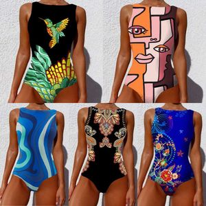 Ny baddräkt en bit bikini personlig abstrakt tryckt badkläder för kvinnor ärmlös