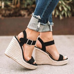 2024 New Wrapped hemp rope Platform peep toe high wedges sandals black heels summer women large size women dress shoes EU43