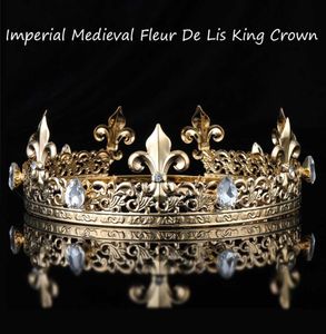 Men039s Imperial Medieval Gold King Full Round Crown Tiara Crystal Rhinestone Adjustable Fleur De Lis Decor Diadem Party Costum1641138