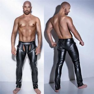 Męskie spodnie seksowne męskie ciasne pasy sztuczne skórzane spodnie PU błyszczące czarne spodnie nocne scena Piosenkarka tancerz otwarty przednie skórzane spodnie2405