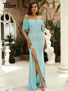 Lässige Kleider yesexy Fransen Abendkleid Spaghetti -Gurt offen blau Blau Pailletten Prom Elegant für Party