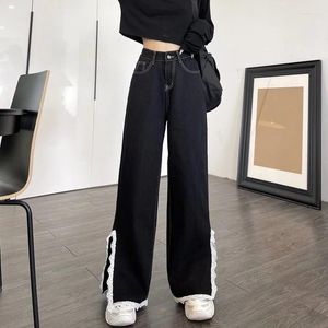 Women's Jeans Black Denim Women Autumn High Waist Straight Leg Pants With Lace Trim Side Split Wide Y2k Loose Trousers