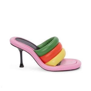 2024 Vår/sommar ny modepromenad Rainbow Color Contrast Round Head i kombination med häl tofflor Mary Jane High Heels