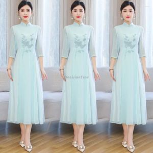 Etniska kläder 2024 Summer Hanfu kinesisk stil broderad chiffong long cheongsam klänning förbättrad halv ärm qipao zen w427