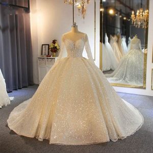 Sparkling 2021 Ball Gown Wedding Dresses Sheer Jewel Neck Appliced ​​paljetter Långärmar Lace Bridal Glows Custom Made Abiti Da Sposa 295o