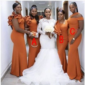 2021 Dark Orange Bridesmaid Dresses Mermaid Plus Size African Ruffles Straps Custom Made Plus Size Chiffon Floor Length Maid of Honor G 261a