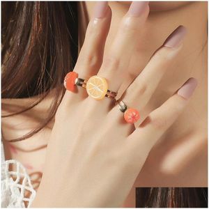 Bandringe 3 PCs/Set niedliche Obst Orange Zitronen Plastikharz für Frauen Girls Geschenke Gold Farbe Metall Verstellbarer Öffnungsring Schmuck Dr. Dhzlp