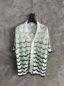 2024SS Custom Green Wave Pattern Knit Sweater Shirt and Shorts Set in High-Density Cotton Crochet