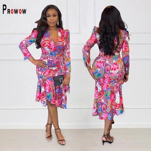 Повседневные платья Prowow Boho Flower Print Женщины платье с длинным рукавом V-образное вырезок Slim Fit вечеринка по случаю дня рождения 2024 Дизайн осень женская одежда