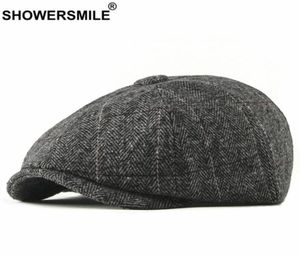 Dusche Tweed Newsboy Cap Men Wolle Fischgramm Flachmütze Wintergrau Streifen männlicher britischer Stil Gatsby Hat einstellbar20043854335118