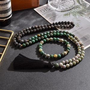 Naszyjniki wiszące 8 mm naturalny afrykański turkusowy labradorite Lucky Jade z koralikami Zestaw biżuterii 108 Mala Meditation Modlitwa ROSA1972774