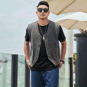 Plus Size Men's Denim Vest Simple Loose Sleeveless Top Solid Casual Motorcycle Waistcoat 5XL-8XL