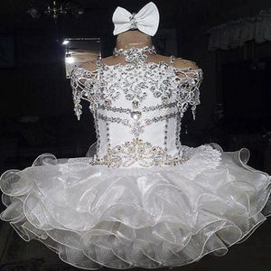 White Girl's Pageant Dresses Lace Beaded Halter Short Sleeves Bow Organza Ball gown Cupcake Toddler Little Flower Girls for weddin 309P