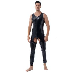 Plus -storlek Mens Sexig öppen gren Jumpsuit för sex erotisk formning mantel kroppskondens grenfri glansig läder bodysuit sexi catsuit kostymer