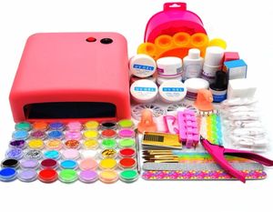 Nail Manicure Set Whole 36W Pink UV Lamp Acrylic Gel Powder Liquid Glitter Primer Crystal Brush Buffer Tools Kit1551005
