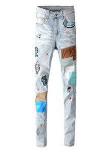 Ginzous Men039S Jeans broderade lapptäcke ljusblå streetwear rippad stretch smal denim mode trendstil gör dig unik9683243