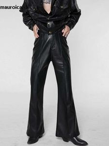 Męskie spodnie Mauroicardi Spring i jesienne chłodne czarne miękkie pu skórzane spodnie płomienne Męskie wysokie talia American Retro Hippie odzież 20023L2405