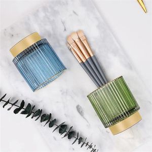 Förvaringslådor randig glas hink hem dekoration vas makeup borste mörkgrön kosmetisk låda penna hållare rand