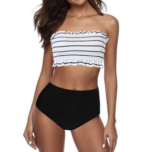 Women's Swimwear High Waisted Bikini Set For Women Strapless Bandeau Ruffled Padded 2 Piece Underwire Top