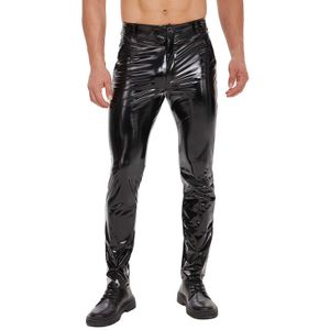 Herrbyxor herr glänsande läder raka byxor sexig blixtlås öppen gren slät pvc läder casual mens tight byxl2405