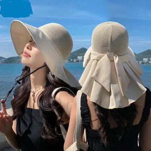 Women Hat Summer Bucket With Shawl Lightweight Breathable Mesh Face Neck Protection Sun Bow Big Brim Travel Beach 240430