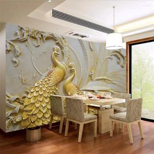 Wallpapers Wellyu Custom Wallpaper 3D Stereo Po Mural Embossed Golden Peacock Background Wall Painting Papel De Parede