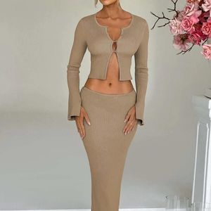 Work Dresses Knitted Women 2 Piece Set Plain Long Sleeve Crop Top Maxi Bodycon Skirts Matching 2024 Autumn Streetwear Tracksuits